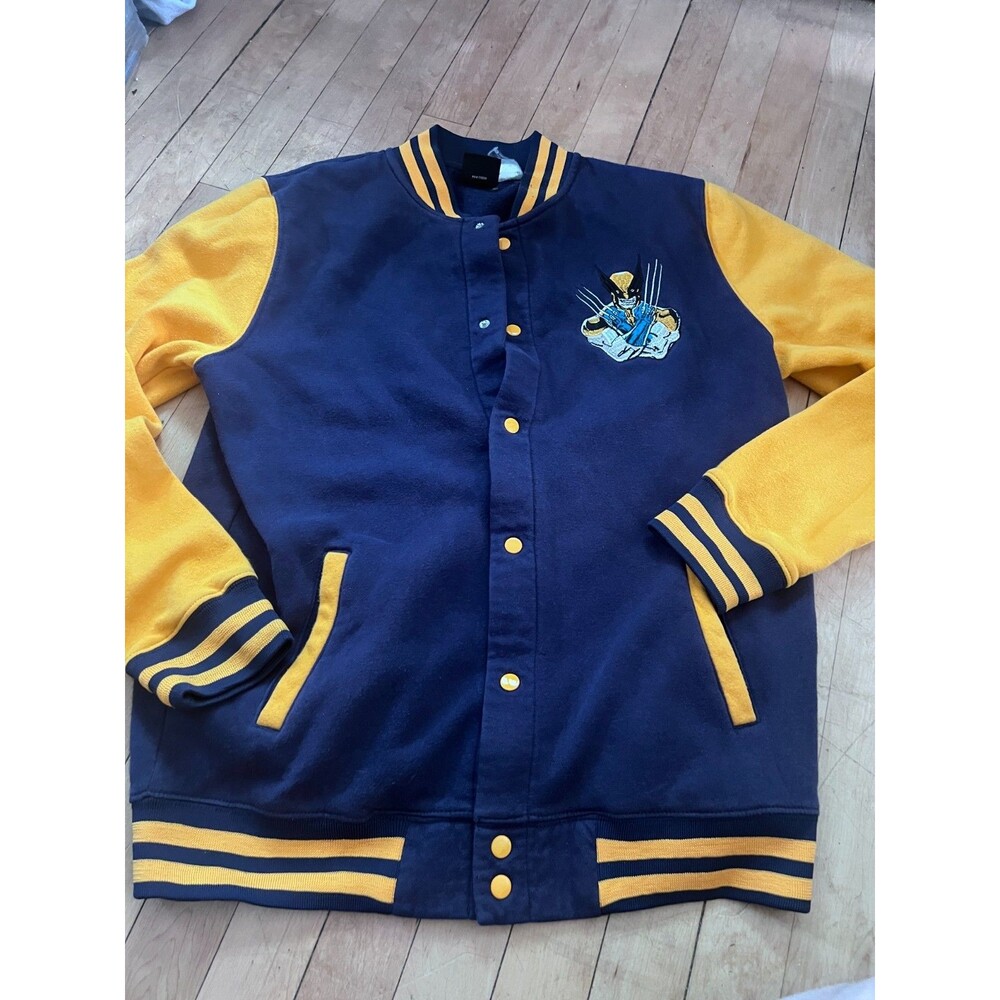 Marvel Comics Wolverine Blue & Yellow Letterman Button Up Jacket Sweatshirt M L